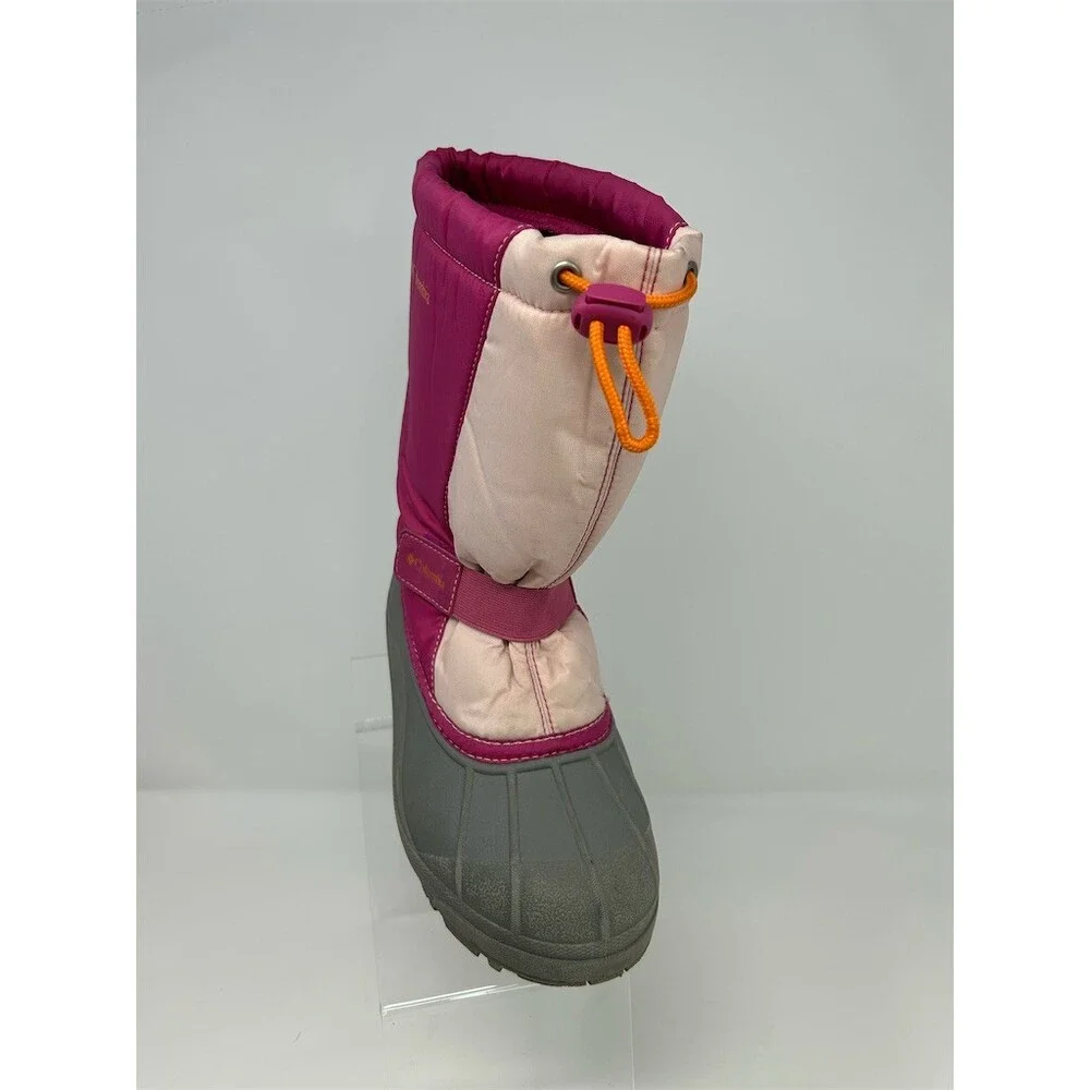 Columbia Powderbug Snowlite Kids Snow Boots Pink Gray Drawcord Strap Size 4